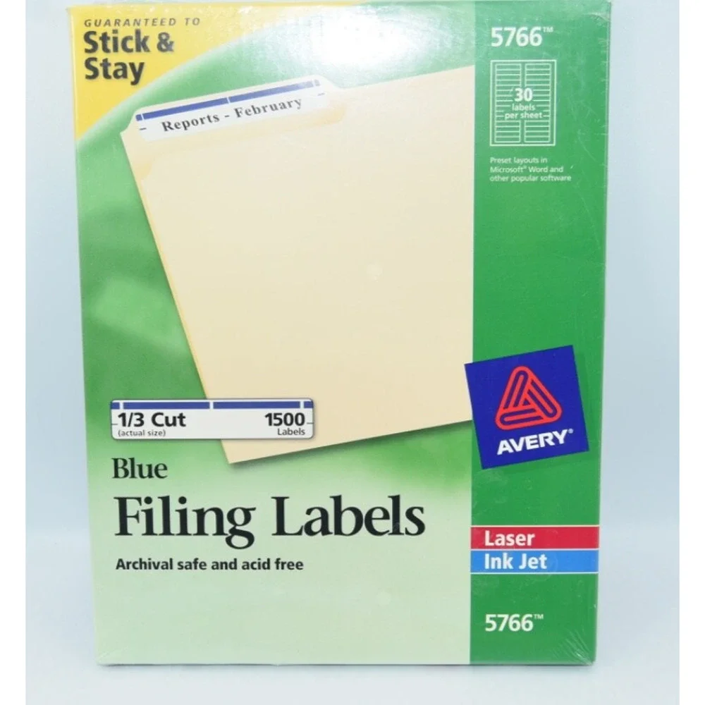 Avery Permanent File Folder Labels Stick & Stay Inkjet/Laser Blue 1500/Box 5766